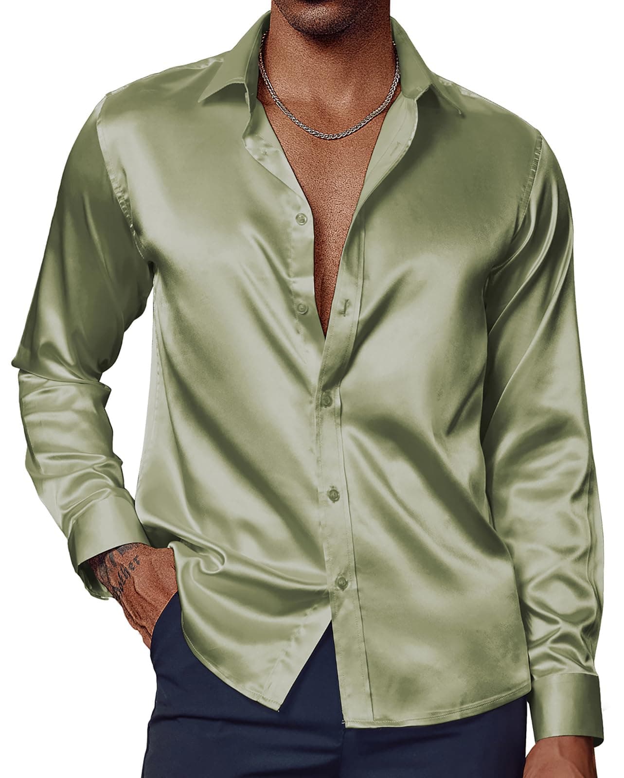 PJ PAUL JONES Mens Satin Silk Shirts Button Down Long Sleeve Disco Shirt Easter Party Green L
