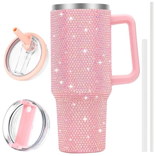 QDXMD 40 oz Tumbler with Handle and Flip Straw Lid, Insulated Leak Proof Double Walled Stainless Steel Rhinestone Diamond Studded Bling Travel Mug Tumblers, Maintains Cold Ice and Heat for Hours