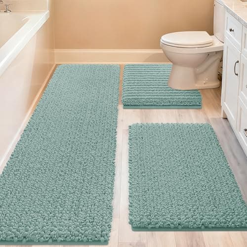 ACCUMTEK Upgrade Extra Eggshell Blue Bathroom Rug Set 3 Pieces Ultra Soft, Thick Absorbent Bath Mats, Non Slip Chenille Toilet Mat for Bathroom, Bedroom, Kitchen