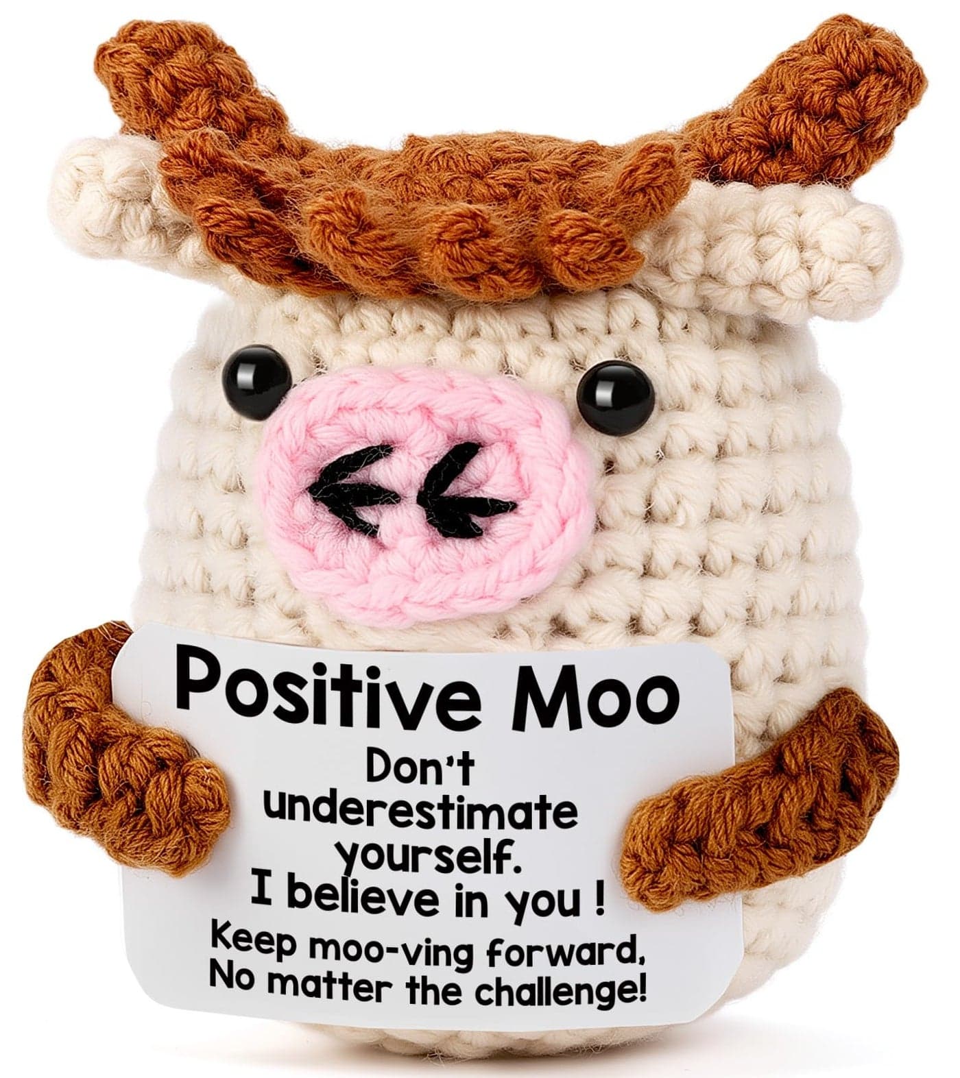 YUEYUQIU Positive Moo Birthday Gifts for Women Men Valentines Day Gifts for Her Him Easter Basket Essentials Stuffers Gifts for Teenage Handmade Crochet Cow Emotional Cheer Up Support Gift