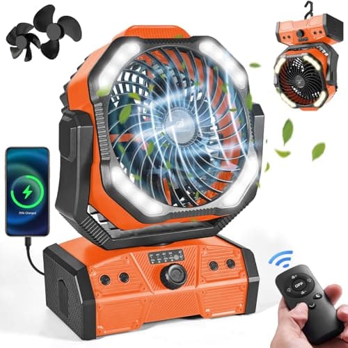 Odoland 40000mAh Camping Fan with LED Light Battery Operated Oscillating Desk Fan with Remote Hook Rechargeable Outdoor Tent Fan with Timer for Hurricane Power Outage Travel Jobsite RV Orange