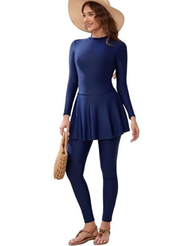 ABEWIP Muslim Swimsuits for Women 3 Piece Long Sleeves Swimming Suit Islamic Swim Tops Pants Skirt Rash Guard Navy Blue M