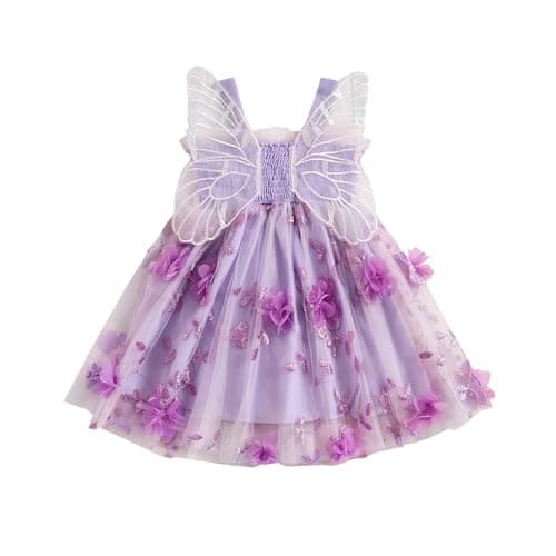 Toddler Baby Girl Butterfly Wings Dress Princess Sleeveless Tulle Butterfly Wing Skirt Birthday Party Tutu Dress (A Purple, 12-18 Months)