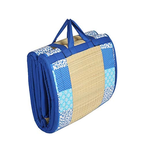 CRAFT OF INDIA Foldable Mat Kora River Grass Chatai 3 X 6.5 ft 18MM Soft Foam Portable Blue Cotton Fabric Wash able