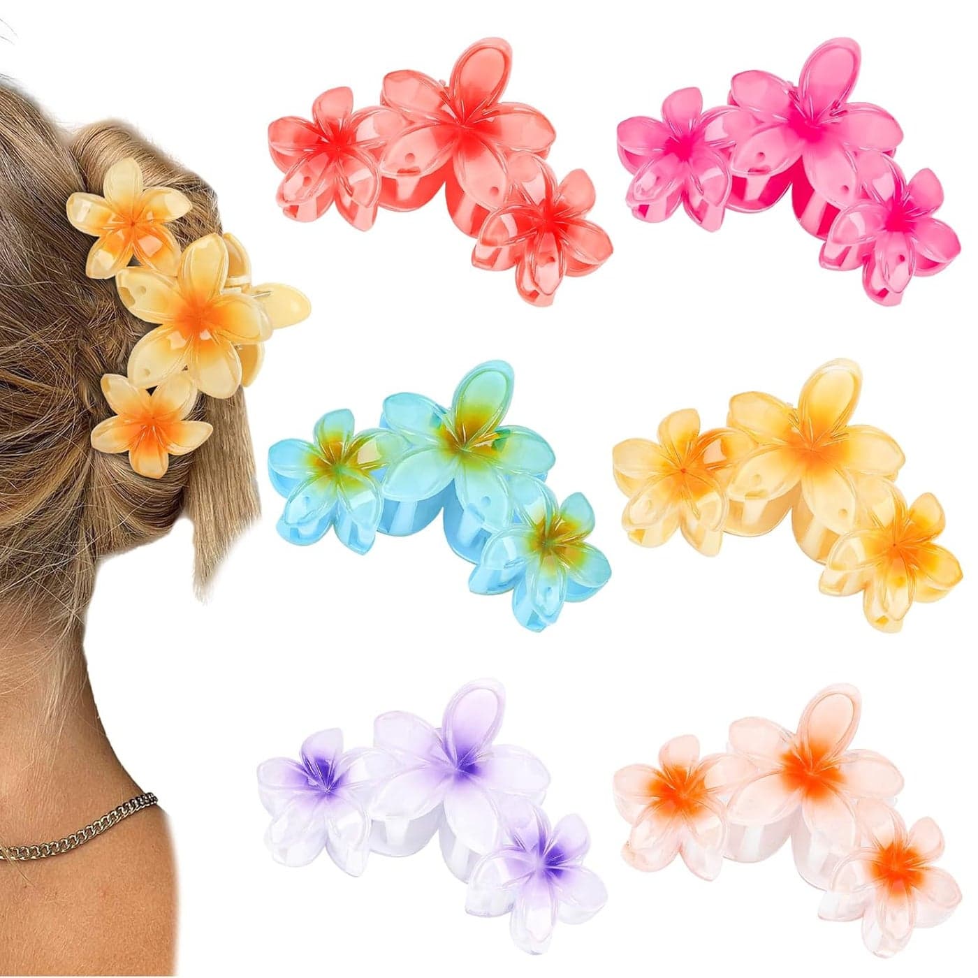 CURASA Hawaiian Flower Hair Claw Clips 6Pcs Hibiscus Plumeria Clips for Thick Hair Large Summer Hair Accessories Holiday Gifts for Women Girls