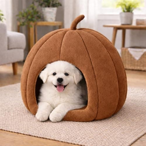 ZEXSAZONE Pumpkin Shape Pet Bed for Dogs & Cats | Soft Plush Fabric Cozy Cave Bed | Cooling Summer Sleeping House with Cushioned Foam & Non-Slip Bottom | Ideal for Small Dogs, Puppies & Cats (Brown)