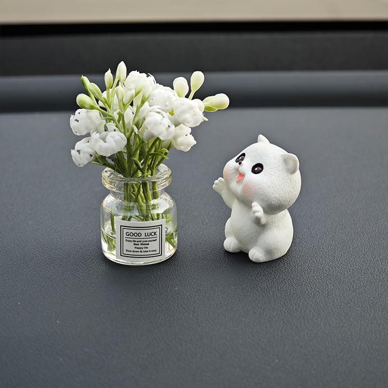 Cute Mini Cat Flower Car Dashboard Decorations Interior Accessories Funny Kawaii Car Dash Decor Rearview Mirror Window Ornament for Women Girl Boho Fun Gift White Decor
