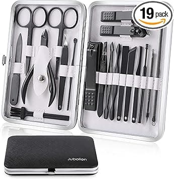 Manicure Set 19 Pieces Professional Stainless Steel Nail Clippers with Black Leather Storage Case Portable Care Kit for Travel or Home Gifts