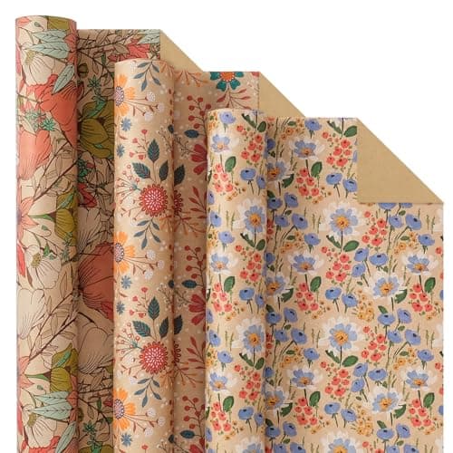 Aimyoo Kraft Floral Wrapping Paper Roll 3 Rolls 30 Inch x 10 Feet Per Roll All Occasion Vintage Flower Gift Wrap Paper for Mothers Day Wedding Birthday Bridal Shower