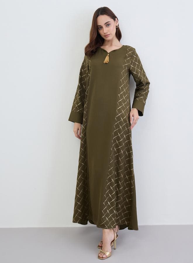 Green A-Line Jalabiya with Gold Lattice Print