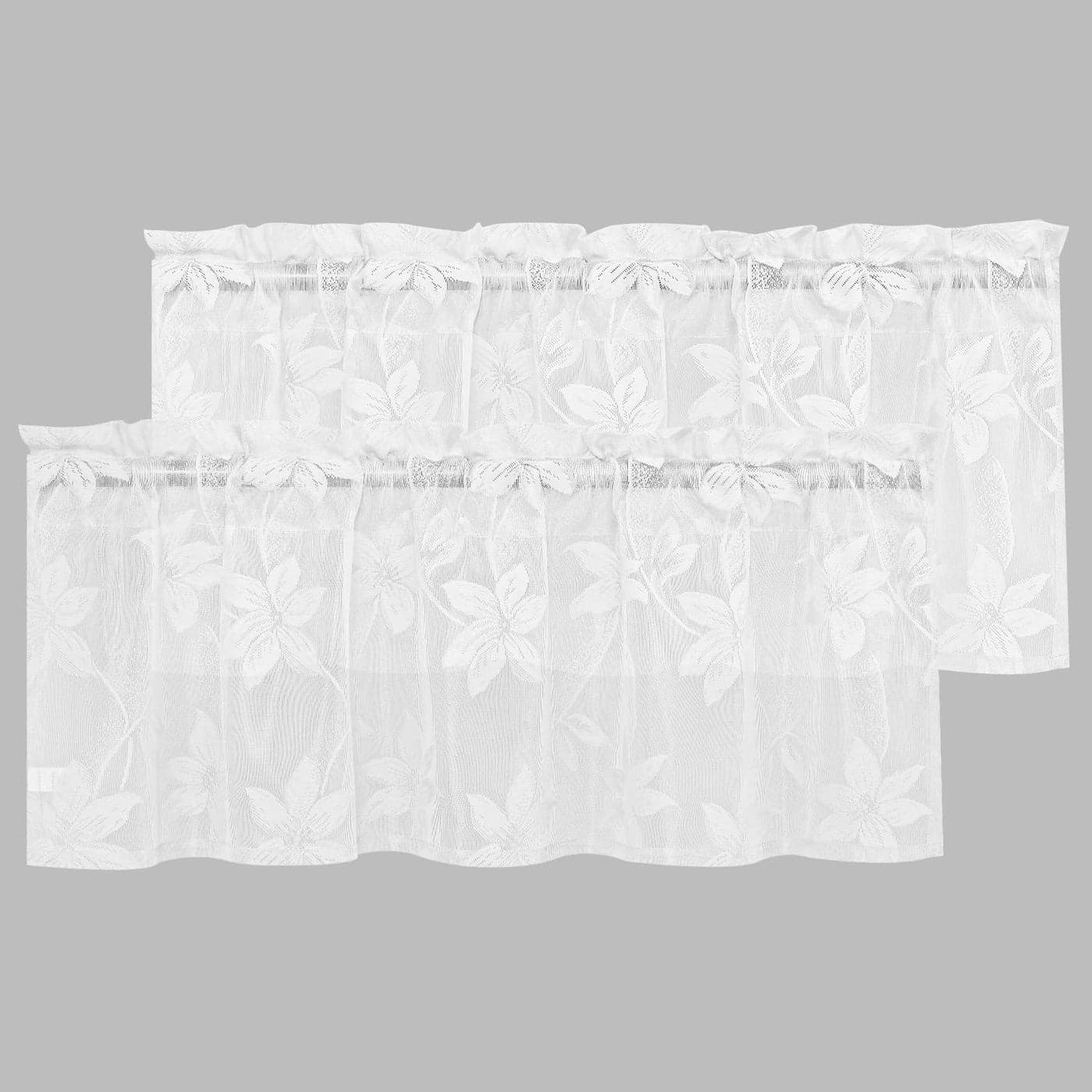DWCN 2 Pack White Floral Lace Valances for Kitchen Rod Pocket Half Window Sheer Curtains for Small Window Living Room Cafe 42 x 18 inch Lace White