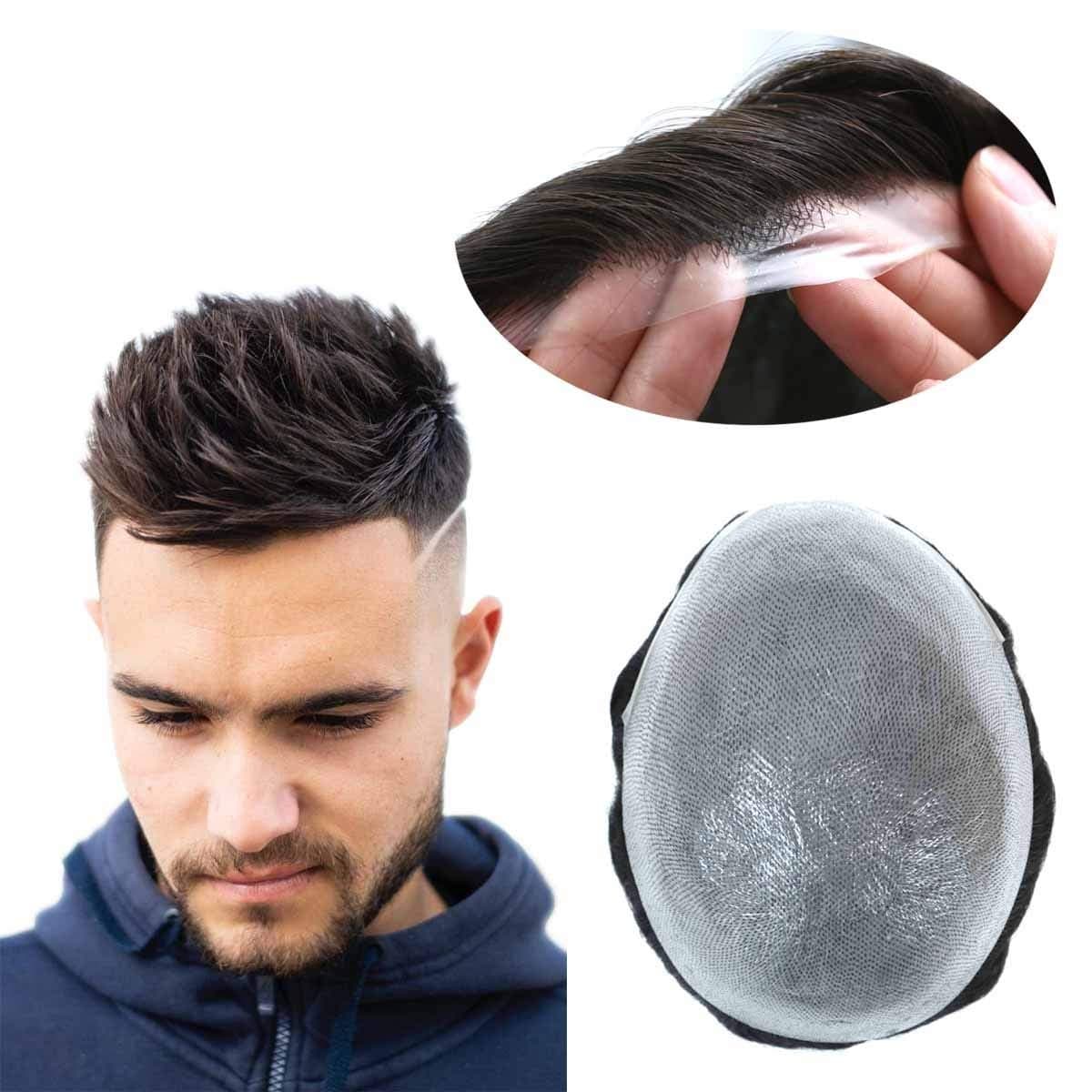 Toupee for Men Human Hairpieces Replacement System 003mm PU Thin Skin Vlooped Black Male Hair Units 1B