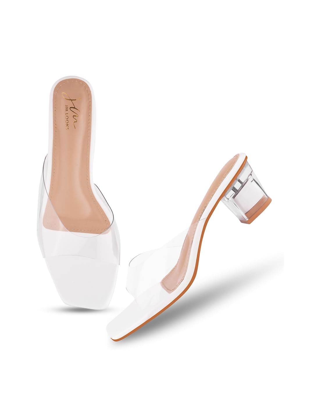 JM LOOKS Women Fashion Transparent Crystal Embellished Block Heel Sandal Stylish Comfort for Women White