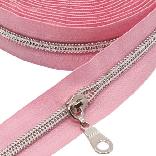 MebuZip 5 Silver Metallic Nylon Coil Zippers by The Yard Bulk Coil Zipper Roll 10 Yards with 25pcs Pulls for DIY Sewing Craft Bags Pink