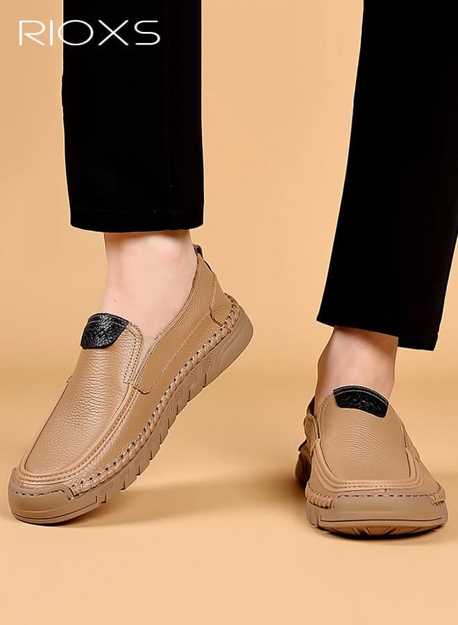 Men's Leather Loafers, Fashion Slip-Ons Loafers for Men, Classic Round Toe Flats, Hand Stitching Leather Boat Shoes, Casual Anti-Slip Driving Shoes Mens Walking Loafers, Comfy Semi-formal Leisure Shoes, Business Penny Shoes for Male, Stylish Boat Free Shoes for Work Dating Wedding Daily Wear, Brown