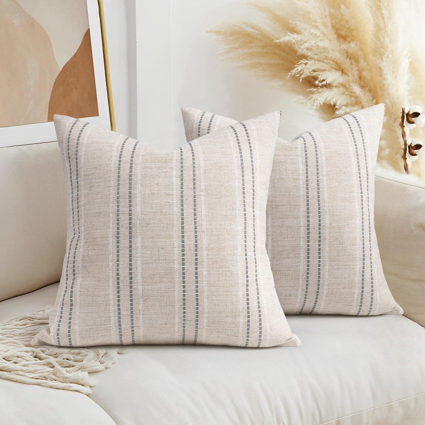 AELS 18x18 Decorative Farmhouse Linen Throw Pillow Covers Boho Textured Pillow Case Set of 2 Beige with White Gray Stitch Yarn Dyed Stripe Cushion Cover for Sofa Couch Living Room Cover ONLY