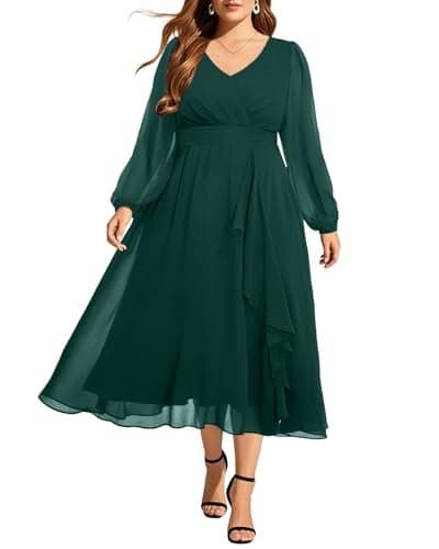 Pinup Fashion Women's Plus Size Wedding Guest Dress 2025 Formal Emerald Green Fall Long Sleeve Chiffon Wrap V Neck Midi Dresses