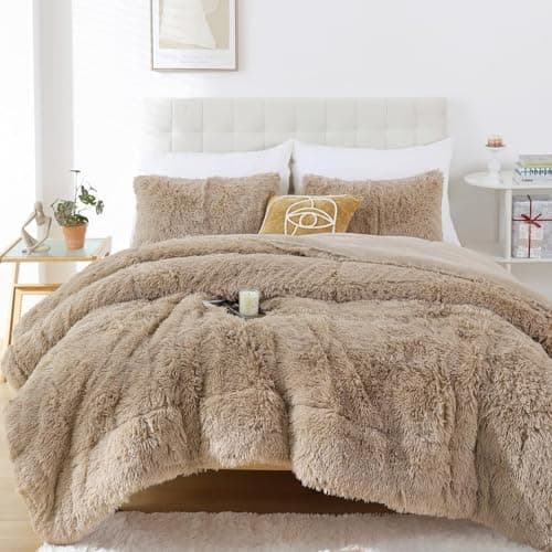 Smoofy Fluffy King Size Comforter Set, Faux Fur Comforter Set, Luxury Fuzzy King Bedding Set, Soft Shaggy Bed Set for All Season, 3 Pieces - 1 Comforter & 2 Pillowcases, Khaki