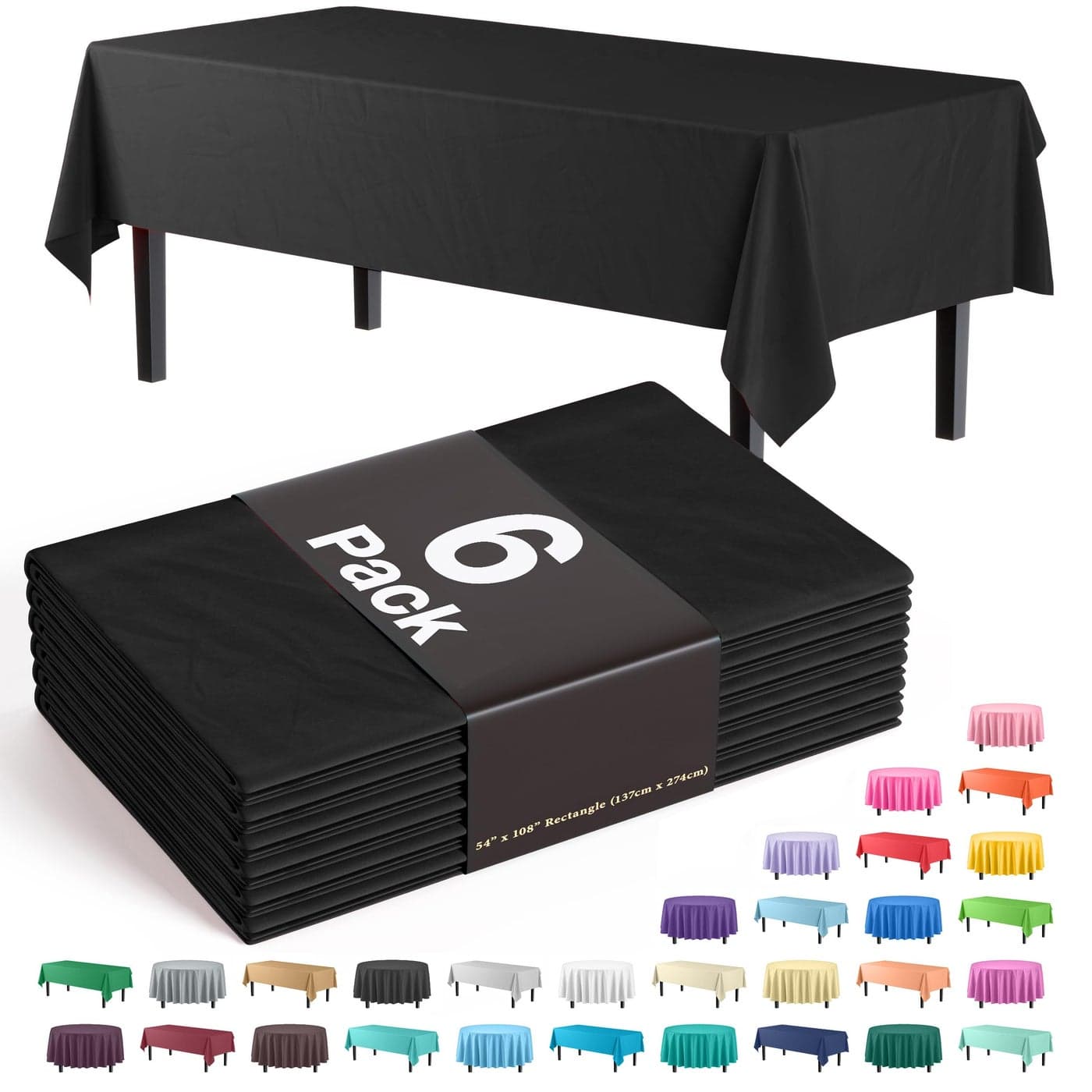 Party Solids 6Pack Premium Plastic Tablecloth 54in x 108in Rectangle Plastic Table Cover Black