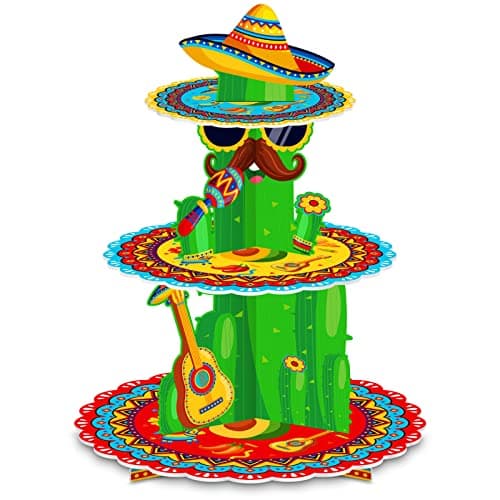 Fiesta Party Decorations - 3 Tier Mexican Birthday Party Cupcake Stand & Topper - Cactus Fiesta Cupcake Holder Display - Cinco De Mayo & Baby Shower Supplies