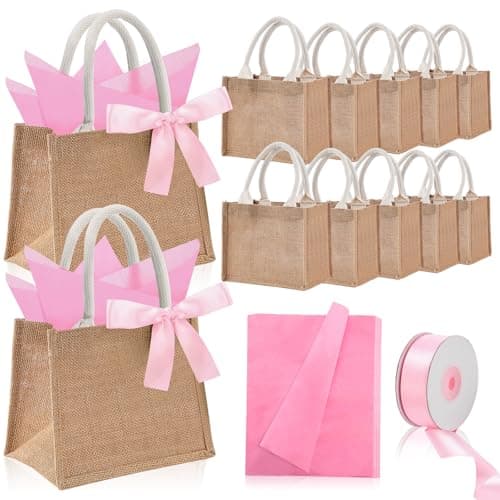 Shinylin 12 Pack Burlap Tote Bags Bulk with Handles Small Wedding Jute Tote Bag with Pink Tissue Paper & Ribbon, Reusable Party Favor Bags for Bridesmaid Proposal Bridal Shower Galentine's Day