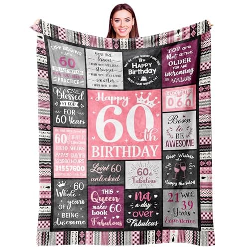 Ivivis 60th Birthday Gifts for Women Throw Blanket 60X50 Happy 60th Birthday Decorations Gift Ideas for 60 Year Old Woman 1966 Bday Gifts for Mom Grandma