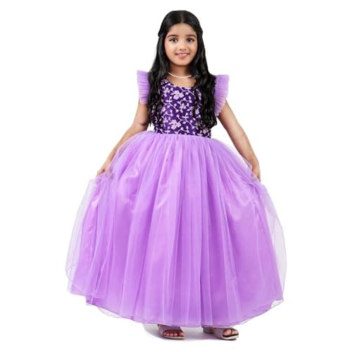 Stanwells Kids Dress for Girls Embroiderd Full Length Frock for Baby Girls Flower Gown Ruffle Pattern Back Zipper Beautiful Sleeveless Birthday Dress for Girls Lavender Violet (8-9 Years)