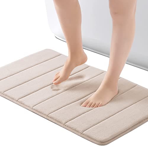 ROSMARUS Memory Foam Bath Mat 17” x 24”, Water Absorbent Shower Mat, Thick Bath Rugs for Bathroom Non Slip with PVC Backing, Ultra Soft Bathroom Rugs for Floor & Tub, Ltbrown
