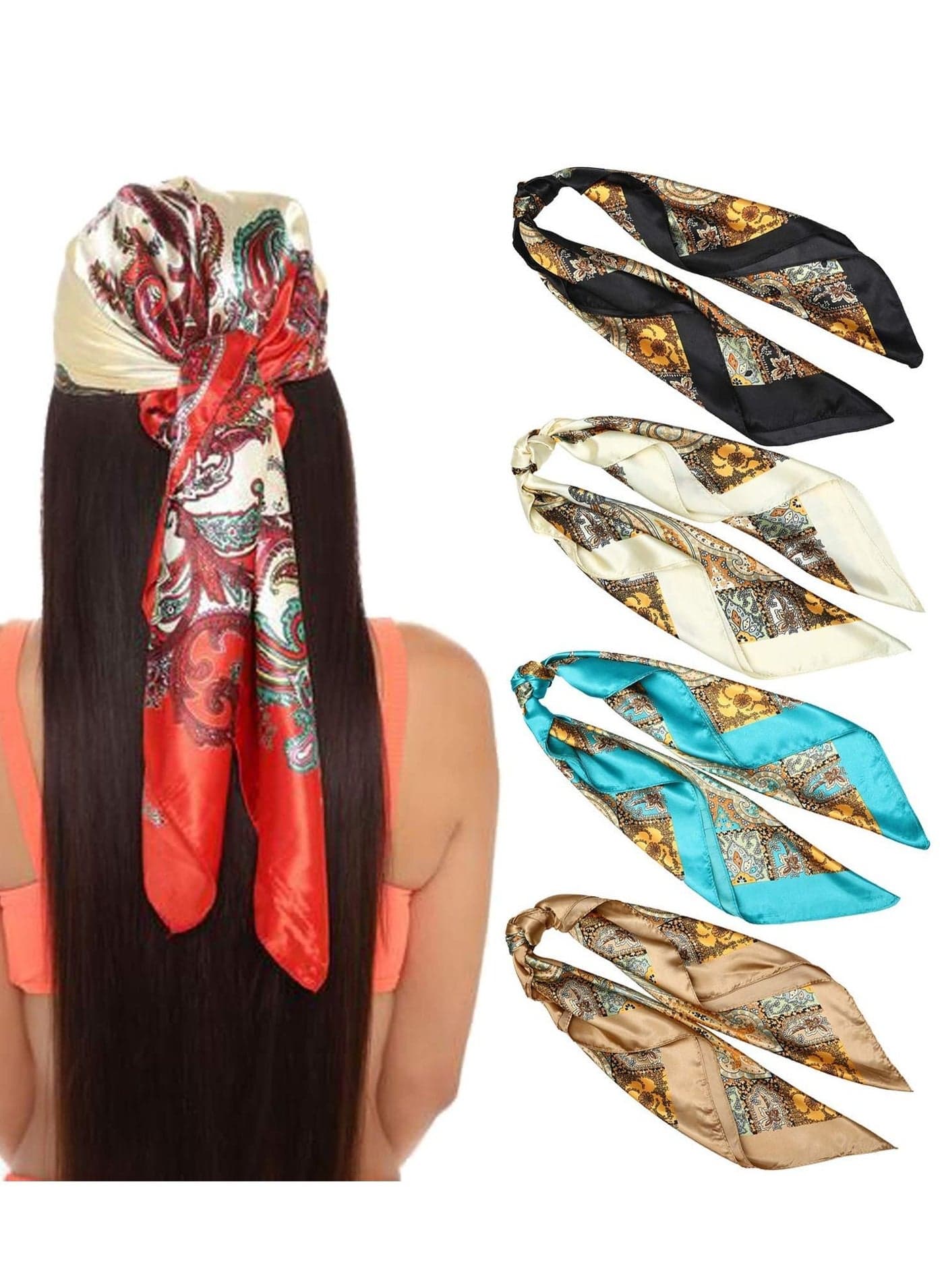 35 Inches Women Head Scarf Hair Bandanas 4PCS Square Satin Scarves for Silk Like Kerchief Banadanas