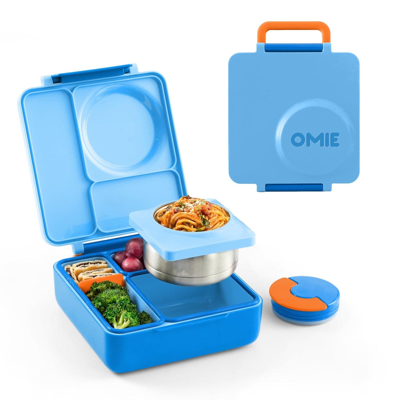 Omie OmieBox Bento Box for Kids - Insulated Lunch Box with Leak Proof Thermos Food Jar - 3 Compartments, 2 Temperature Zones (Blue Sky)