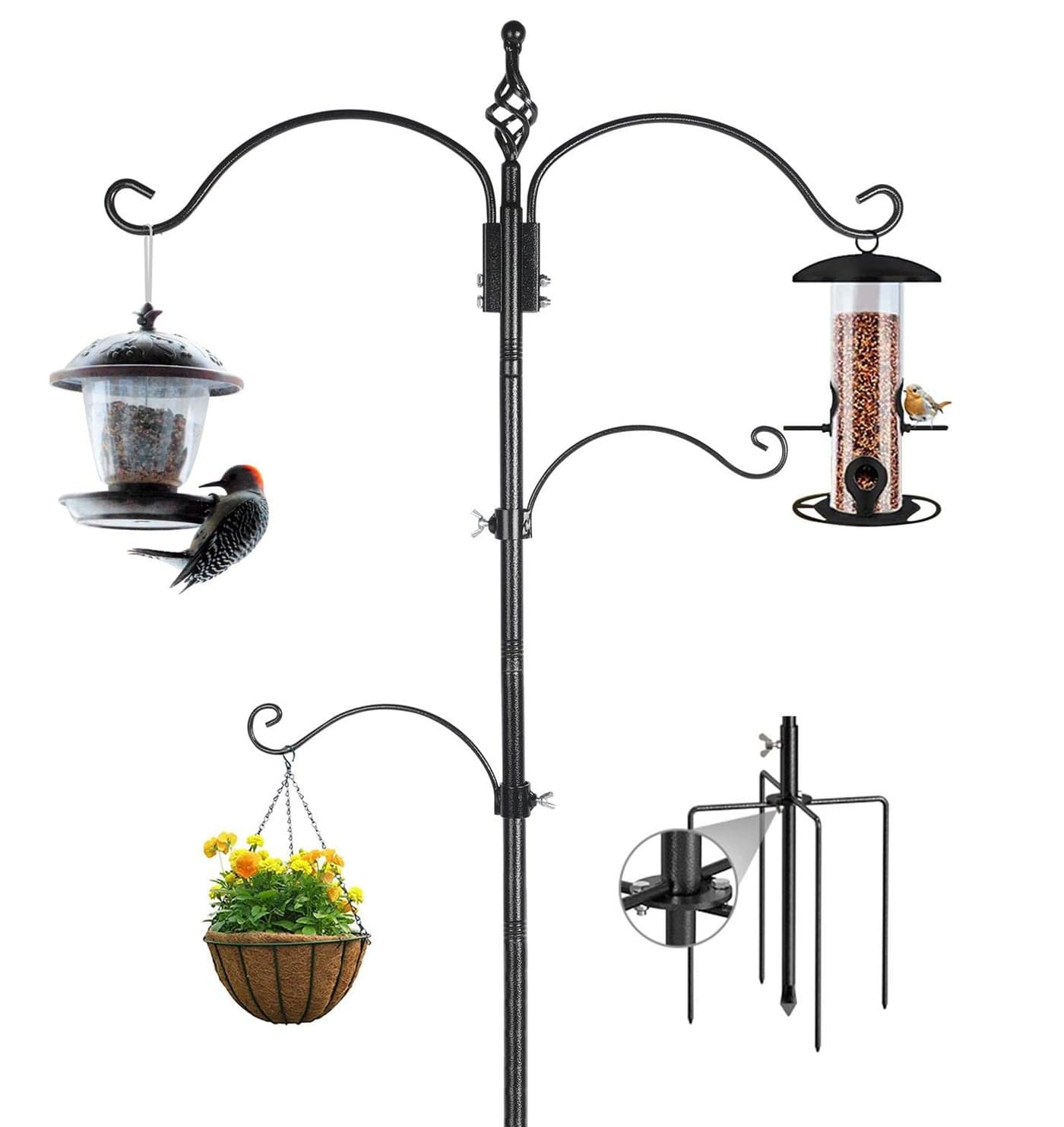 Bird Feeding Station Feeder Pole Multi Hook 63 inches Stand for Watching Attracting Wild Bird Outdoor Hanging Pole by Highpro 5Prong Anchor Base