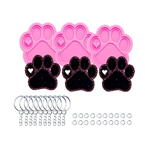 AMZTOART 3pc Shiny Paw with Heart Resin Silicone Mold, Dog Paw Print Keychain Mould Crafts Epoxy Resin with 10PC Key Ring(DY0292+DY0292+DY0292)