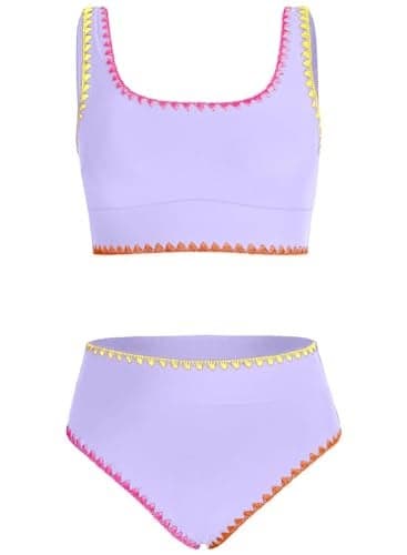blibean Tween Girl Swimsuits Little Kids Girls Summer Swim Bathing Suits Teen Fashion Two Piece Bikini Boho Hawaii Beach Sets Traje Baño Niñas Size 14-15 Year Old Purple