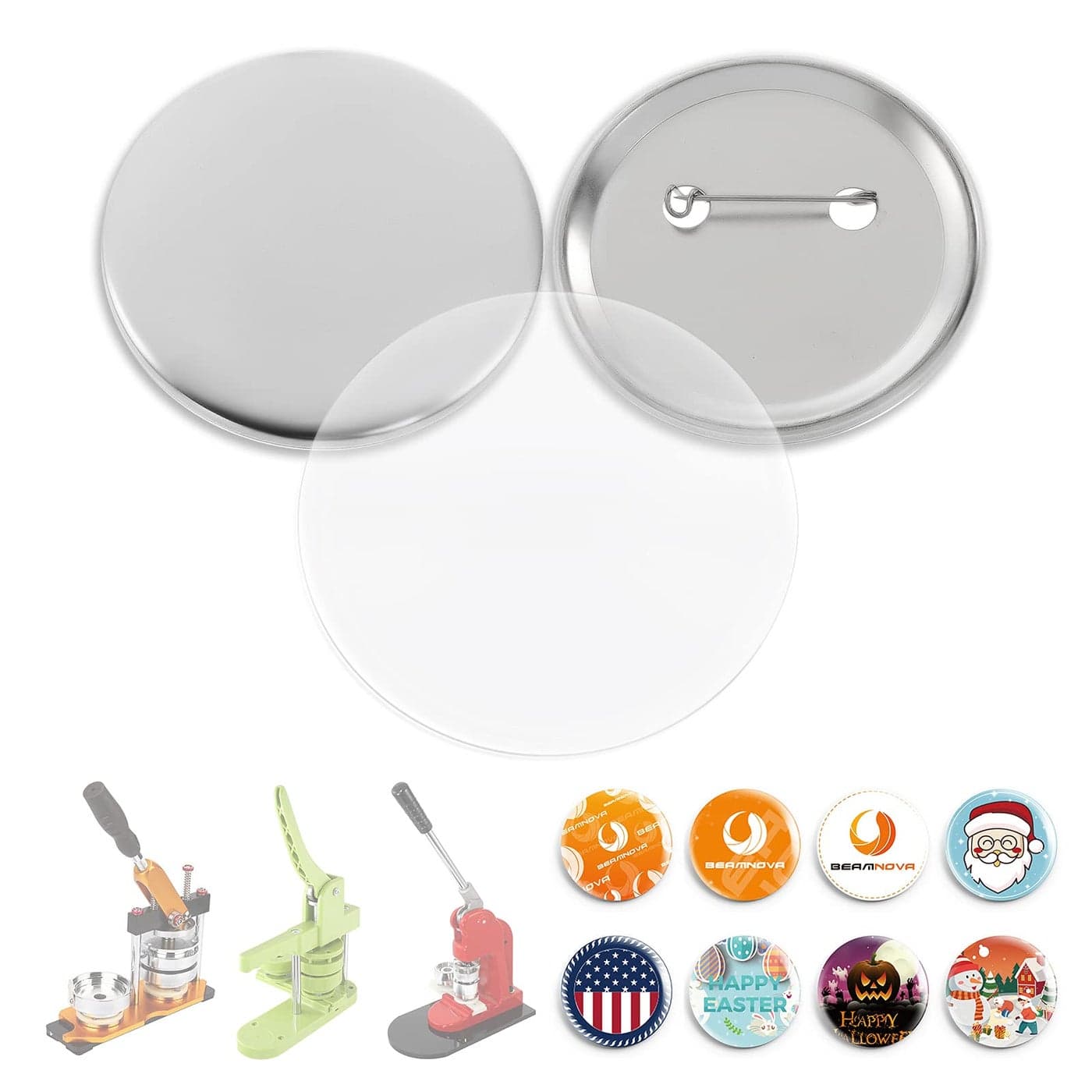 BEAMNOVA 200 Sets of 58mm Metal Button Supplies Parts for Button Maker Hand Press Round Pin Badge Making Machine DIY Craft Items