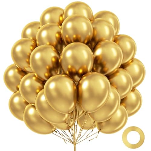FOTIOMRG Metallic Gold Balloons 12 inch 100 Pack Chrome Gold Latex Balloons for Birthday Baby Shower Wedding Graduation Party Balloons with Gold Ribbon
