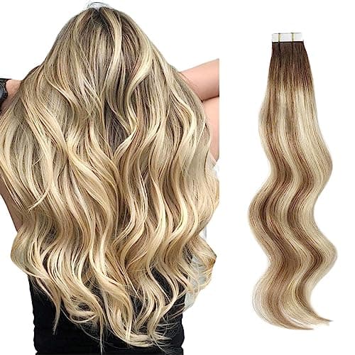 ABH AmazingBeauty Hair Semipermanent Pretaped Double Sided Rooted Highlight 18 Inch Remy Tape in Extensions Real Remy Human Hair Ash BrownBeach Blonde with Dark Brown Root R38613 50G