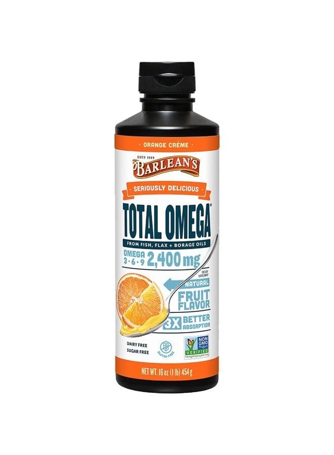 Total Omega 3 6 9 Orange Crème Liquid Fish Oil Supplement with Borage and Flaxseed Oil, 2,400 mg of Omegas EPA and DHA Plus GLA for Joint and Heart Health, 16 oz