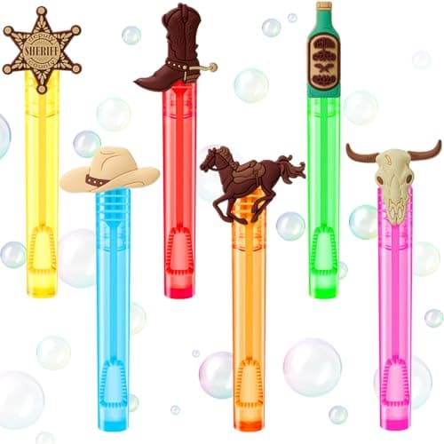 Winrayk Western Cowboy Party Favors 24Pcs Selfdesigned Mini Bubble Wands for Kids Bubbles Bulk Detachable Topper 6 Styles Colors Birthday Gift Pinata Filler Goodie Bag Stuffer Classroom Prize