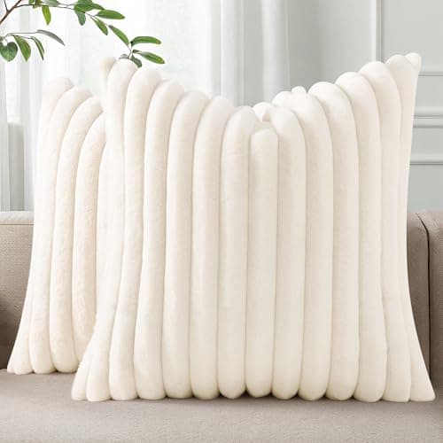 Pallene Faux Fur Plush Christmas Throw Pillow Covers 26x26 Set of 2, Luxury Soft Fluffy Striped Decorative Pillow Covers for Sofa, Couch, Living Room, Cream White
