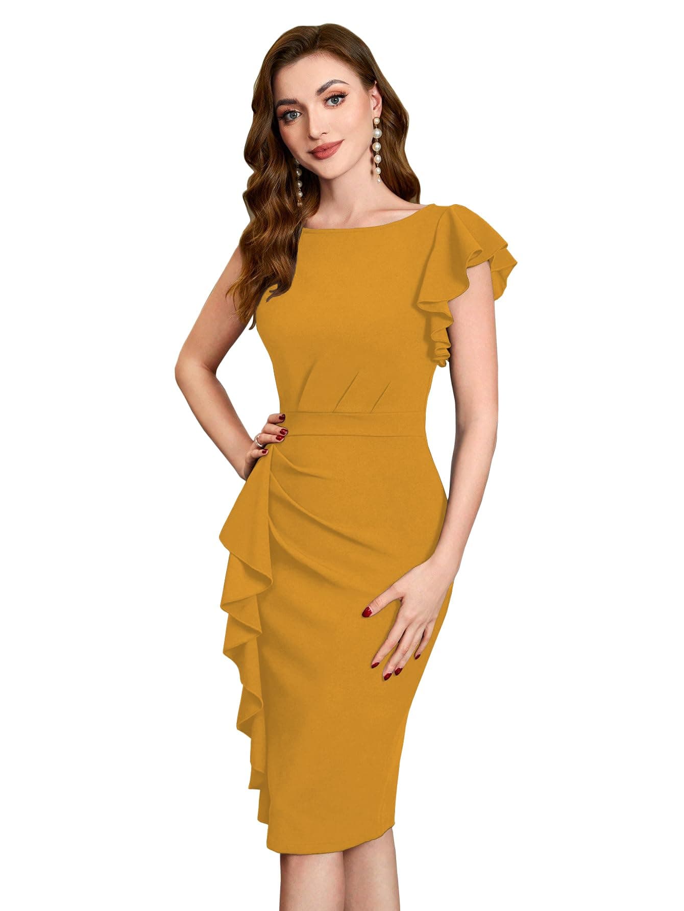 Shasmi Girl's & Women's Asymmetrical Sleeve Ruffle Trim Cocktail Party Fitted One Piece Knee Length Midi Dress for Women Stylish Dresses (Midi 169 Mustard-M)