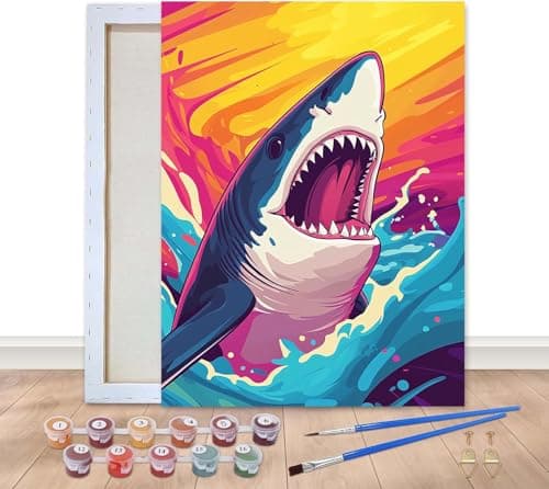 Bimkole Framed Paint by Numbers Kit for Adults Shark DIY Oil Painting on Canvas with Frame Animals Paint by Numbers Set for Home Wall Decor 8x12 Inch20x30 cm