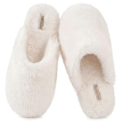 Snug Leaves Women's Fuzzy Scuff Slippers Soft Comfy Memory Foam Non-slip Indoor House Shoes (Cream White, Size 11-12)