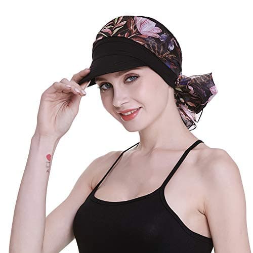 FocusCare Headwear for Women with Cancer Alopecia Cowboy Cap Hair Loss Turbans with Scarves Black