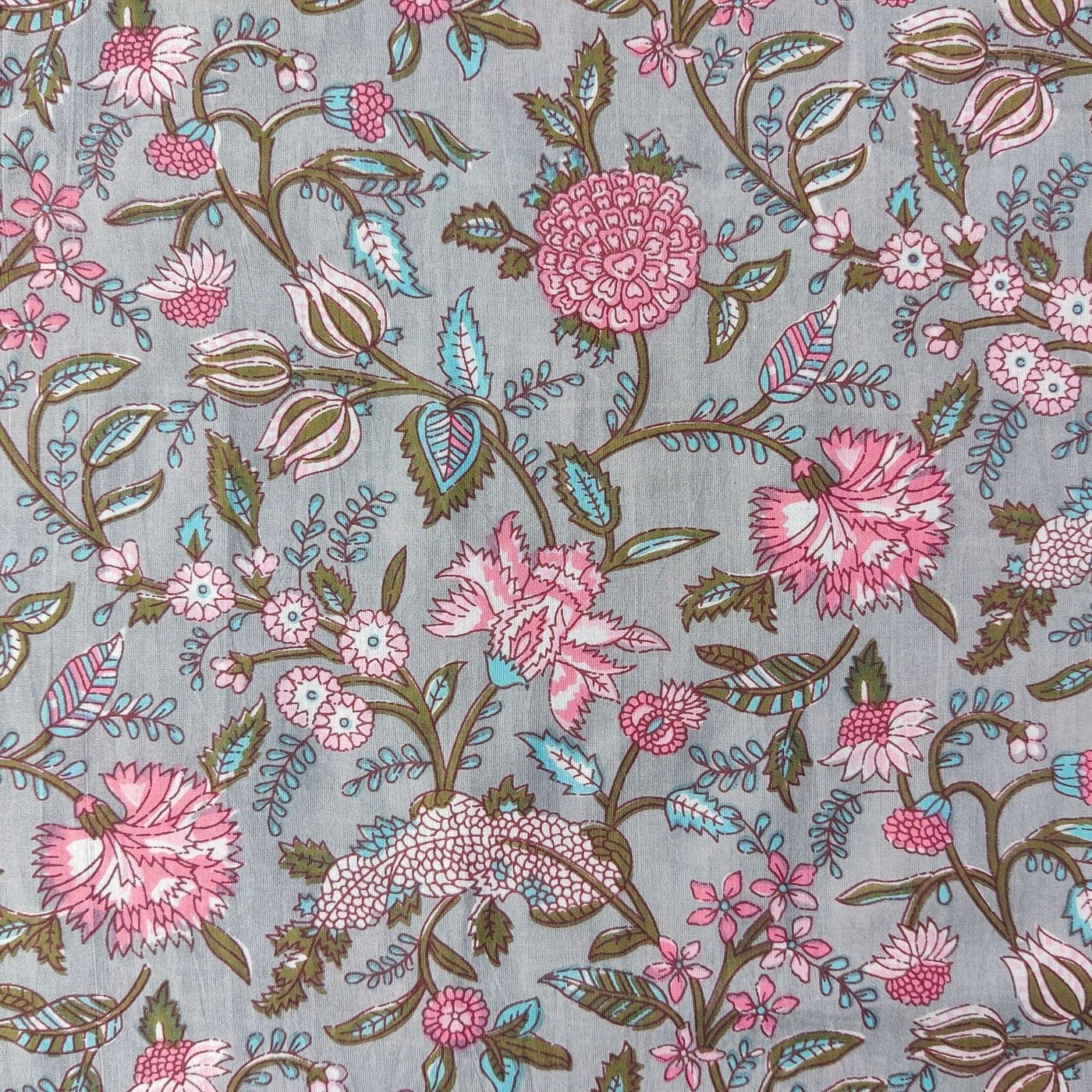 AVKA Studio Hand Block Print Fabric by The Yard PRECUT 5 Yards 42 Inch Width 100 Cotton Material Grey Pink Floral Pattern Light Weight Indian Cloth for Making Summer Dress Tops Indian Fabric