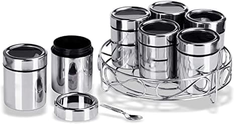 VISAXMI Stainless Steel Masala Dabba Spice Container Kitchen Jars and Containers Storage Container Masala Dani with 7pcs Stainless Steel Spoon Set of 7 Containers with Steel Stand
