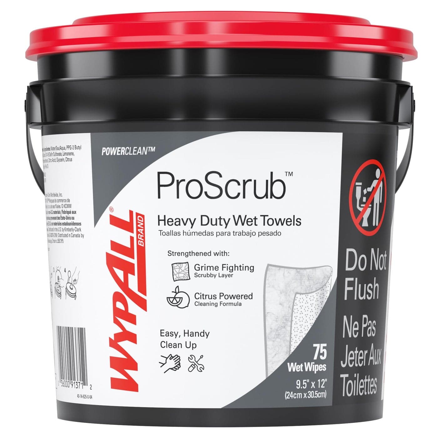 WypAll® PowerClean™ ProScrub™ Heavy Duty Wet Towels (91371), Dual Action Cleaning, Large 9.5" x 12" Wipes, Bucket Included (75 Sheets/Container)