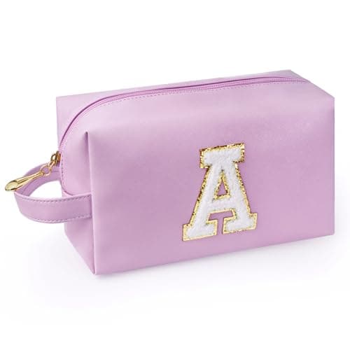 WEMVP Personalized Initial Makeup Bag with Handle, Preppy Cosmetic Bag with Inner Zipper Pocket, 8 9 10 11 12 13 14 Years Old Girl, Graduation Gifts for Teen Girls Women Teachers (A, Purple)
