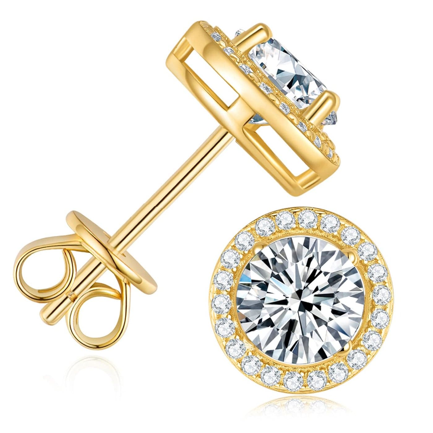 14ct Moissanite Stud Earrings for Women Halo Round 925 Sterling Silver D Color Ideal Cut Earrings with Certificate of Authenticity 2CT Gold Plated