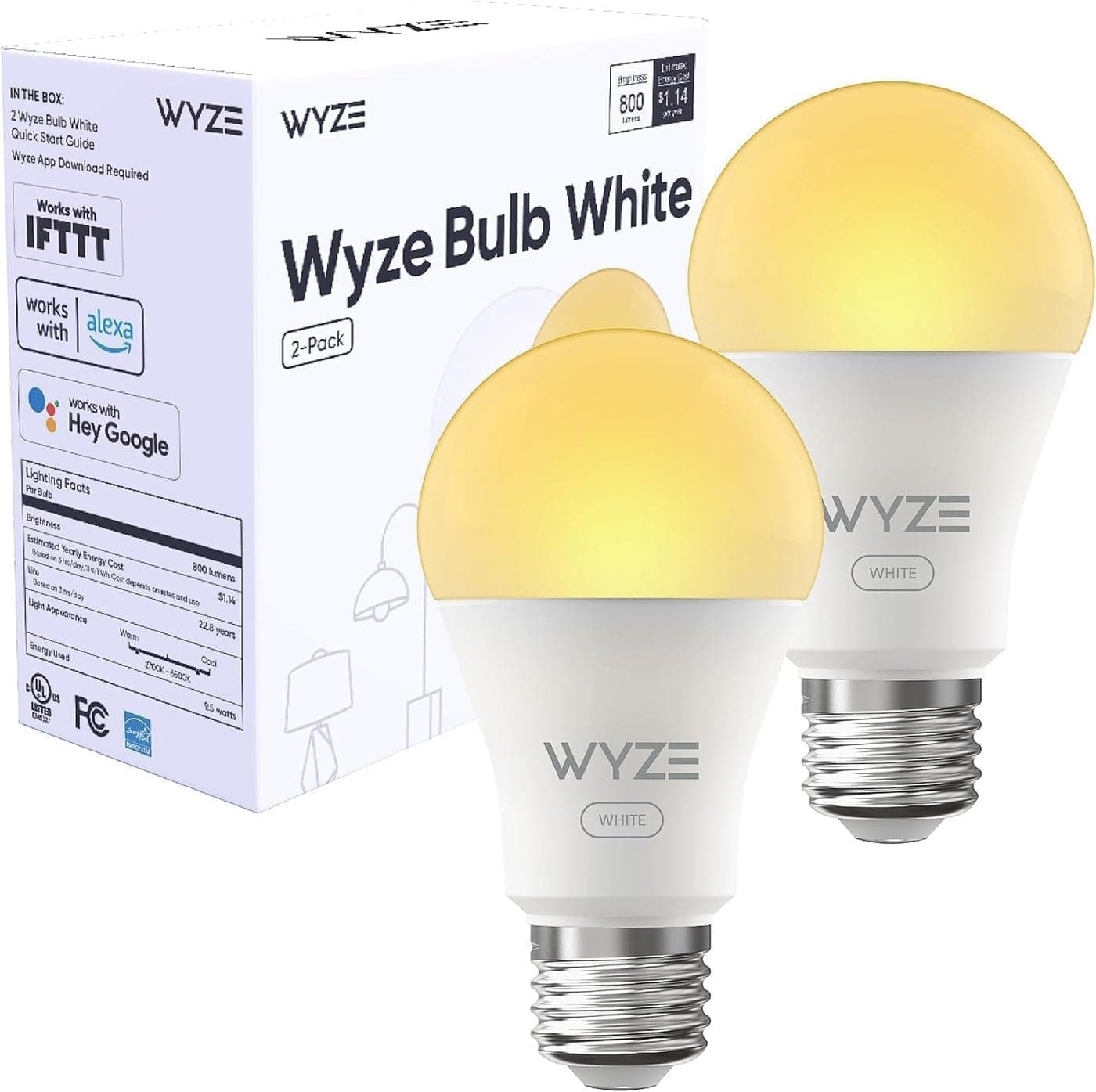 Wyze Lifestyle Bulb White, 800LM A19 Tunable-White Wi-Fi Smart Light Bulb, Compatible with Alexa and Google Assistant, 2.4GHz, No Hub Required, 2700K - 6500K, Dimmable, 90+CRI, Timer & Group, 2-Pack
