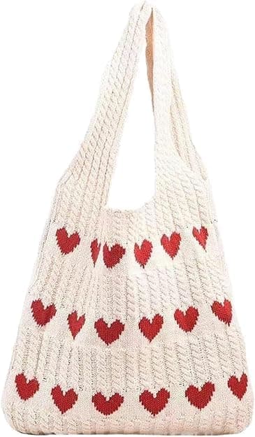 Gowloz Women Knitted Cotton Tote Bag with Heart Pattern – Stylish Lightweight Shoulder Handbag, Large Capacity Reusable Shopping Bag for Office, College, Beach, Travel & Everyday Use (off-white)
